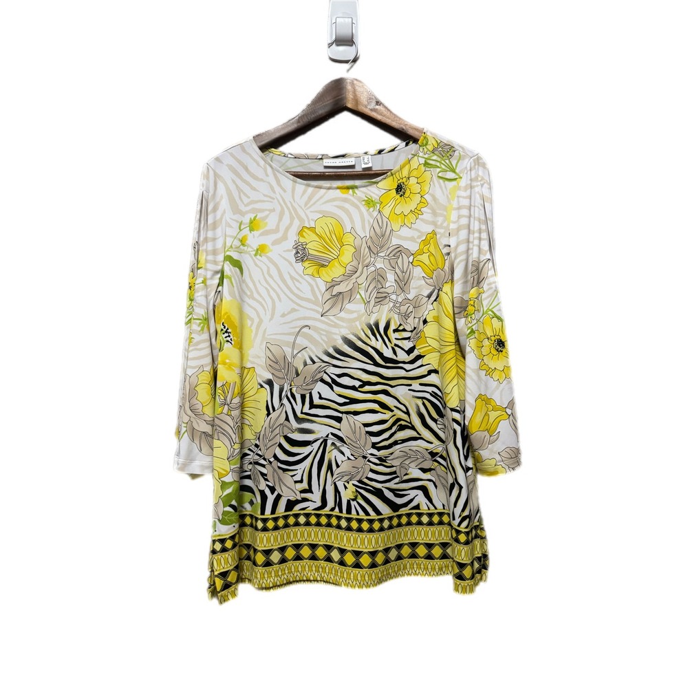Susan Graver Liquid Knit Top‎ Women L Yellow Zebra Floral Excellent 3/4 Sleeve